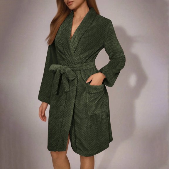 Womens Fuzzy Robe Short Bathrobe Belted Soft Thicken Warm Bathrobes with Pockets Fall Winter Spa Robes Green L
