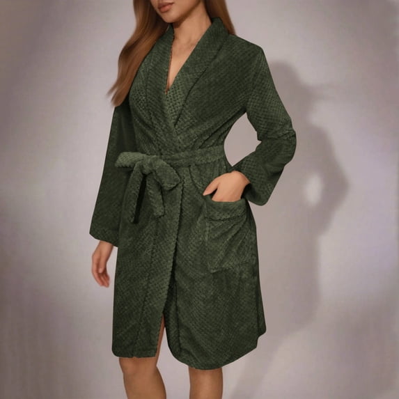 Womens Fuzzy Robe Short Bathrobe Belted Soft Thicken Warm Bathrobes with Pockets Fall Winter Spa Robes Green M