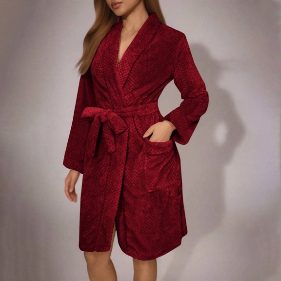 Womens Fuzzy Robe Short Bathrobe Belted Soft Thicken Warm Bathrobes with Pockets Fall Winter Spa Robes Wine L