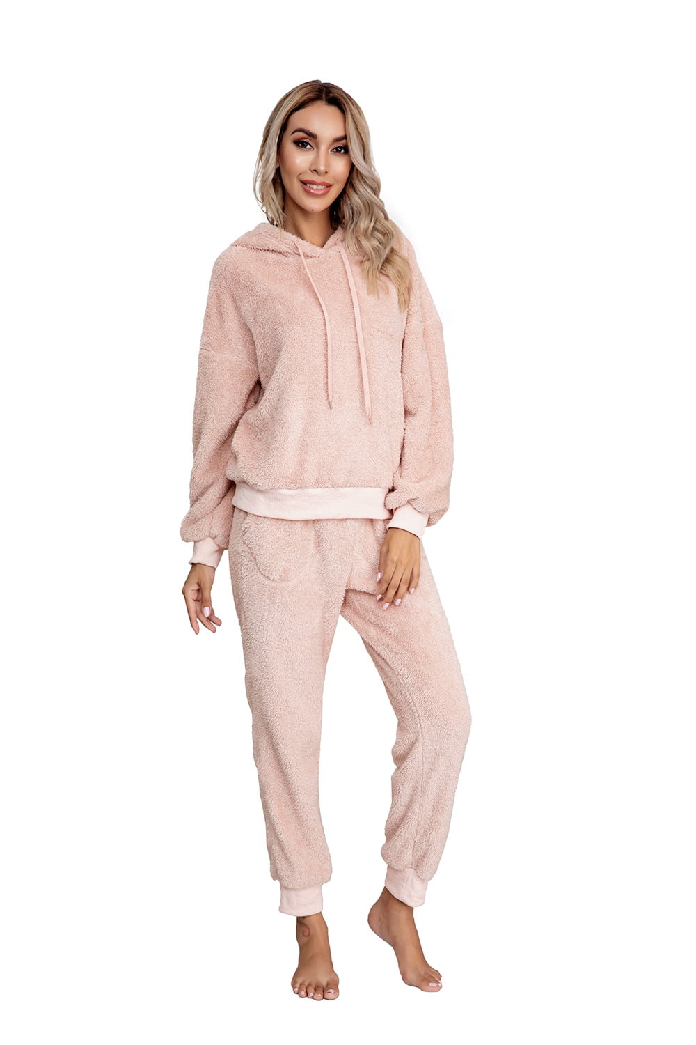Womens Fuzzy Sherpa Fleece Pajamas Set, Long Sleeve Hoodies Pajama