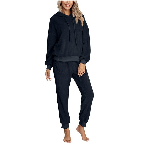 Womens Fuzzy Sherpa Fleece Pajamas Set Long Sleeve Hoodies Pajama Pants Cozy 2 Piece Outfits Loungewear Sleepwear Womens Clothes