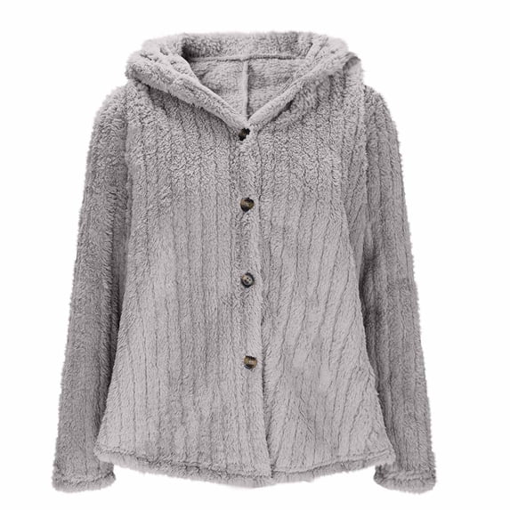 Womens Fuzzy Sherpa Hooded Jacket Long Sleeve Open Front Fluffy Fleece Button down Cardigan Winter Warm Thicken Outwear (S, Gray)