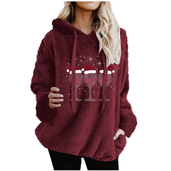 Womens Fuzzy Sherpa Hoodie with Pocket Christmas Printed Holiday Sweater Hooded Fleece Sweatshirt Pullover Tops (M, Wine 02)