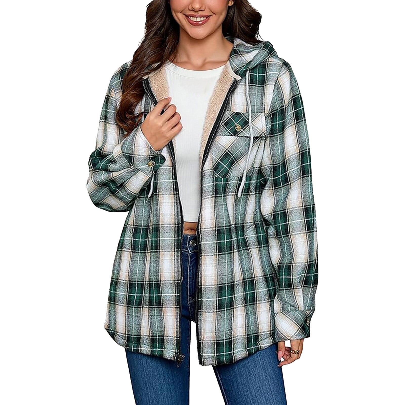 Womens Fuzzy Sherpa Plaid Shacket Jacket Long Sleeve Zipper Up Fleece ...