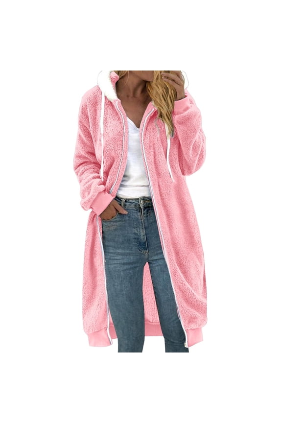 Womens Fuzzy Sherpas Pullover Hoodie Long Zip Up Fleece Jacket Plus Size Tunic Length Hoodies Soft Comfy Sweater Coat Fluffys Sherpas Outerwear Pinks l