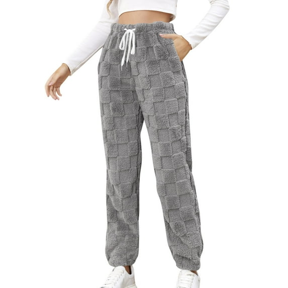 Womens Fuzzy Sleepwear Comfy High Waist Fleece Lounge Long Pants Pajama Pants Checkered Fluffy Thermal PJ Pants