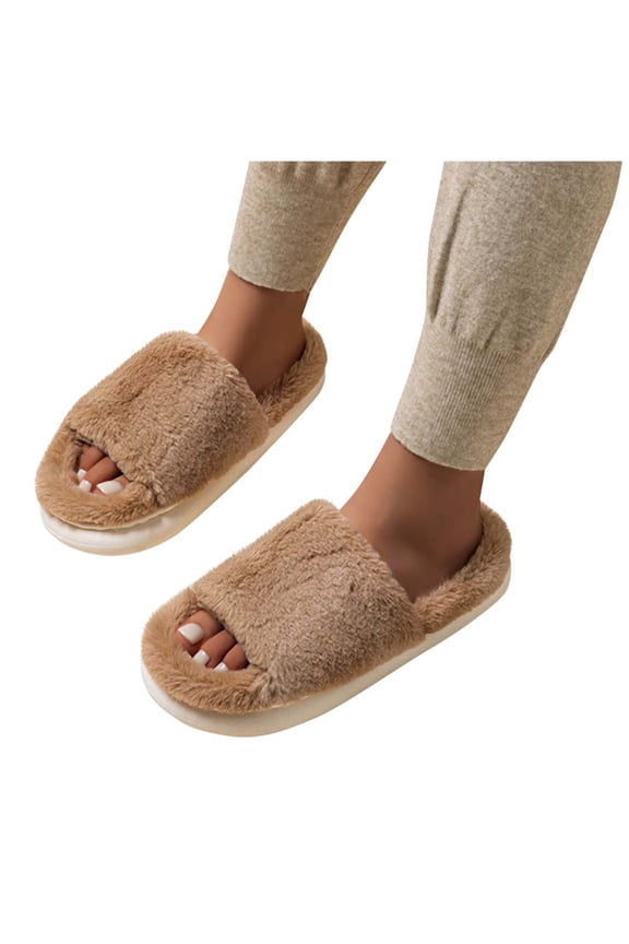 Womens Fuzzy Slides Fluff Slippers Winter Warm Plush Home Slippers Open Toe Non Slip Indoor Fuzzy Slides