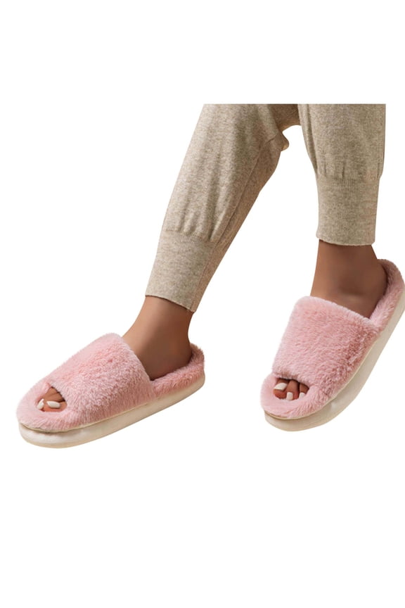 Womens Fuzzy Slides Fluff Slippers Winter Warm Plush Home Slippers Open Toe Non Slip Indoor Fuzzy Slides
