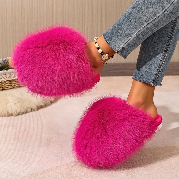 Womens Fuzzy Slipper Big Faux Fur Soft Fashion Non Slip Comfortable House Shoes Comfy Gift Hot Pink 9-9.5