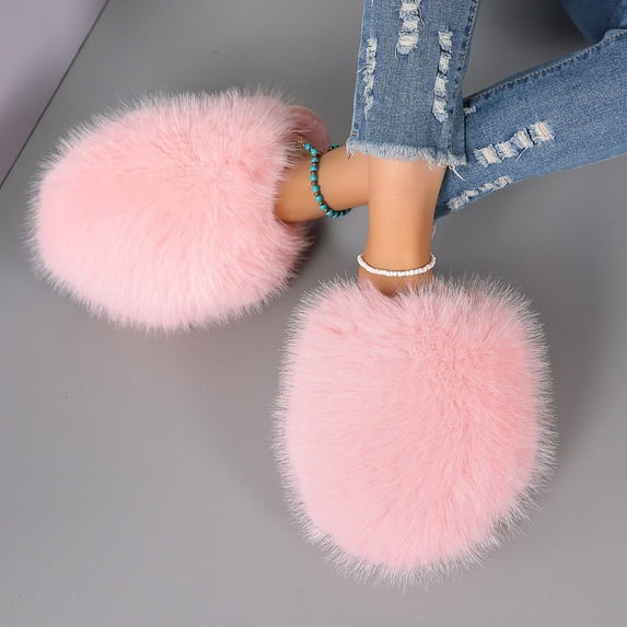 Womens Fuzzy Slipper Big Faux Fur Soft Fashion Non Slip Comfortable House Shoes Comfy Gift Pink 7.5-8.5