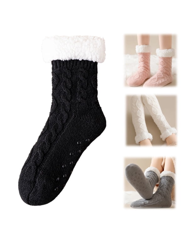Womens Fuzzy Slipper Socks Cable Knit Sherpa Lined Warm Cozy Socks for Women Winter House Non Slip Gripper Socks (Black)