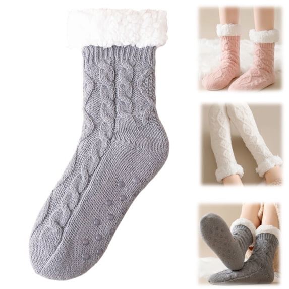 Womens Fuzzy Slipper Socks Cable Knit Sherpa Lined Warm Cozy Socks for Women Winter House Non Slip Gripper Socks (Dark Gray)