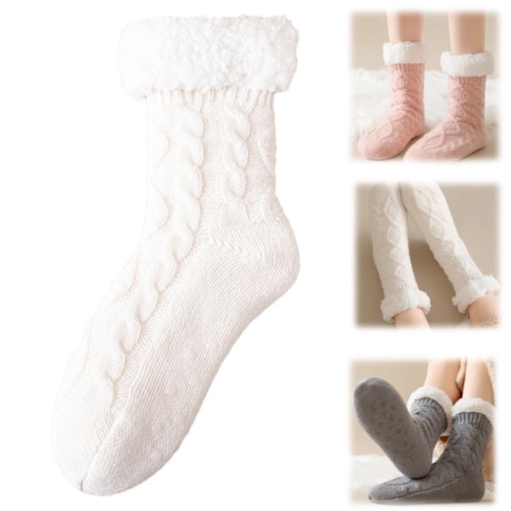Womens Fuzzy Slipper Socks Cable Knit Sherpa Lined Warm Cozy Socks for Women Winter House Non Slip Gripper Socks (White)
