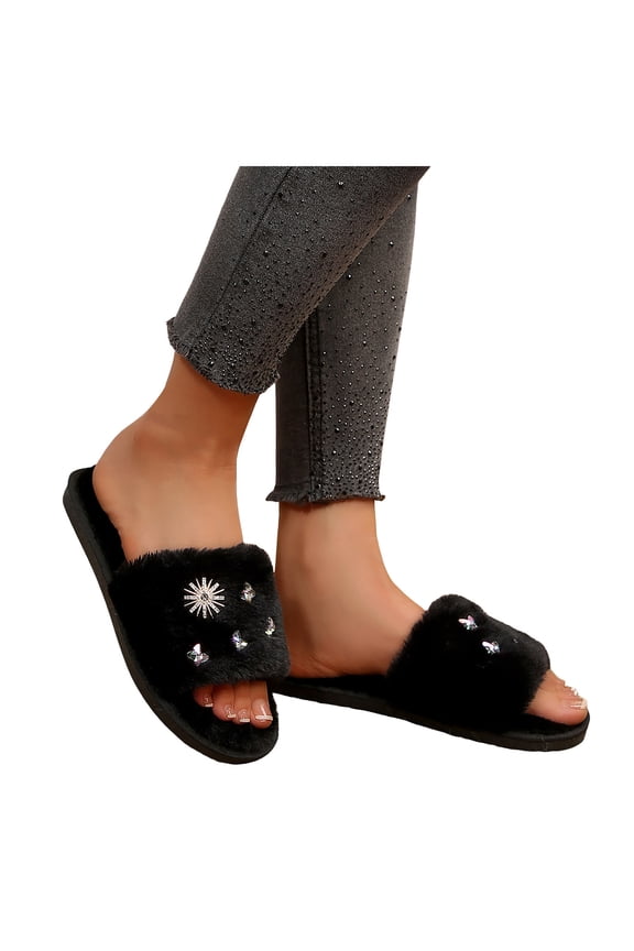Womens Fuzzy Slippers Winter Open Toe Glitter Rhinestone Band Slip on Memory Foam House Shoes
