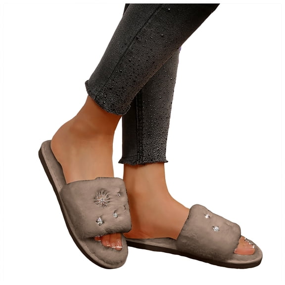 Womens Fuzzy Slippers Winter Open Toe Glitter Rhinestone Band Slip on Memory Foam House Shoes