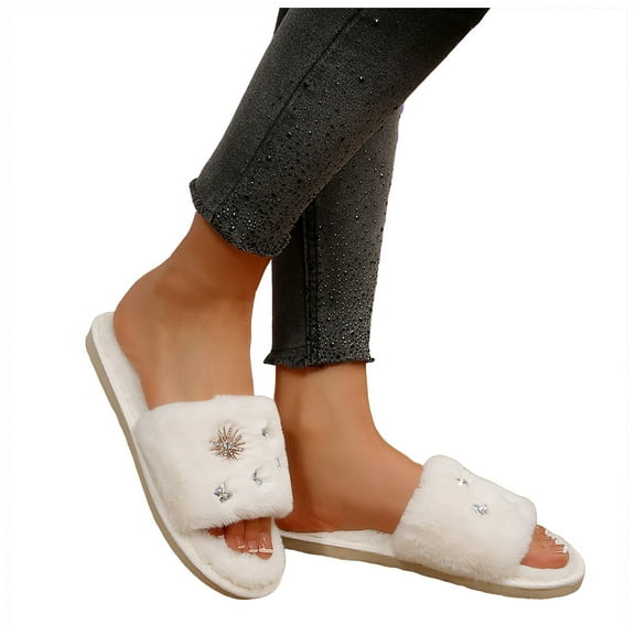 Womens Fuzzy Slippers Winter Open Toe Glitter Rhinestone Band Slip on Memory Foam House Shoes