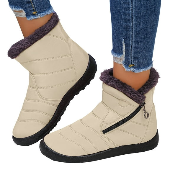 Womens Fuzzy Snow Boots Stitching High Top Zipper Winter Booties Lightweight Barefoot Walking Shoes