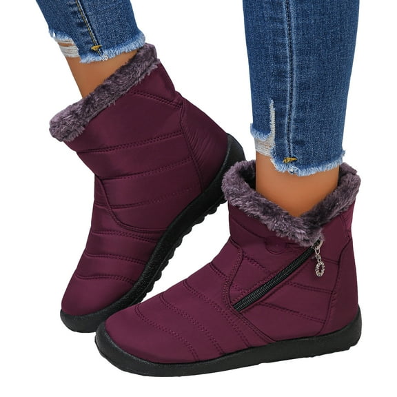 Womens Fuzzy Snow Boots Stitching High Top Zipper Winter Booties Lightweight Barefoot Walking Shoes