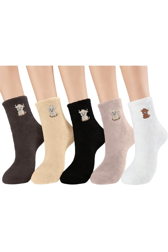 Womens Fuzzy Socks 5-Pack with Cute Highland Cow Design, Plush Ankle Socks for Women, Cozy Non-Slip Lounge House Socks, Multicolor Gift Set,Size Free Size