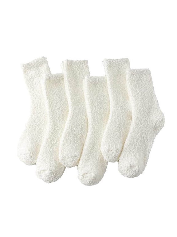 Womens Fuzzy Socks 6 Pairs White, Ultra Soft & Warm Crew Socks, Plush Winter Socks for Women, Cozy Nylon Spandex Lounge Socks