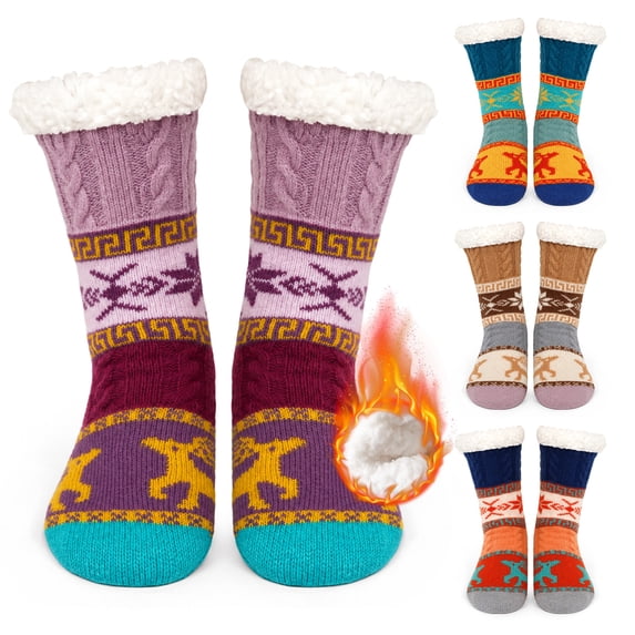 Womens Fuzzy Socks Cozy Fluffy Winter Slipper Socks with Grippers,UNEEI Warm Thick Animal Pattern Non-Slip Winter House Socks, Size 5-10