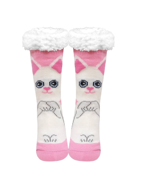 Womens Fuzzy Socks Cozy Fluffy Winter Slipper Socks with Grippers ,UNEEI Warm Thick Cat Pattern Non-Slip Winter House Socks, Size 9-12