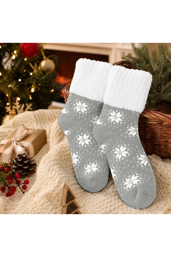 Womens Fuzzy Socks,Snowflake Socks,Christmas Velvet Anti Slip Socks,Fleece-Lined Thick Mid-Calf Warm Cotton Socks Comfortable Snow Socks