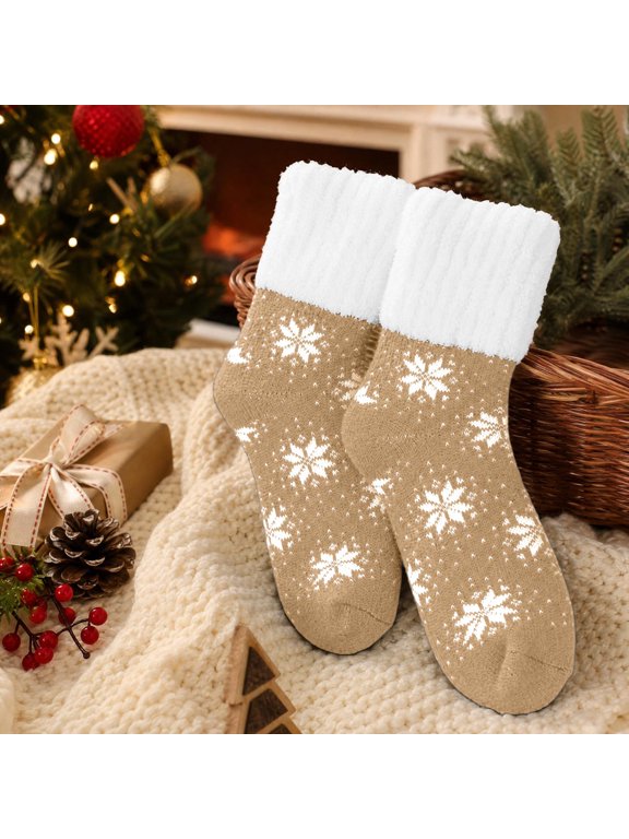 Womens Fuzzy Socks,Snowflake Socks,Christmas Velvet Anti Slip Socks,Fleece-Lined Thick Mid-Calf Warm Cotton Socks Comfortable Snow Socks