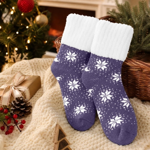 Womens Fuzzy Socks,Snowflake Socks,Christmas Velvet Anti Slip Socks,Fleece-Lined Thick Mid-Calf Warm Cotton Socks Comfortable Snow Socks