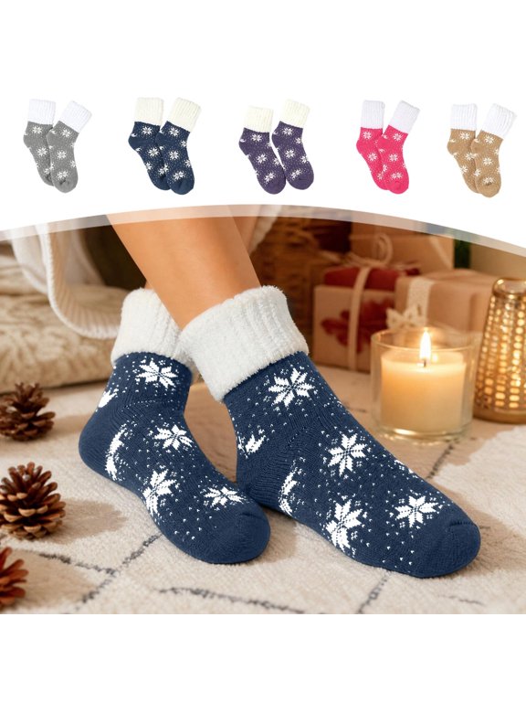 Womens Fuzzy Socks,Snowflake Socks,Christmas Velvet Anti Slip Socks,Fleece-Lined Thick Mid-Calf Warm Cotton Socks Comfortable Snow Socks