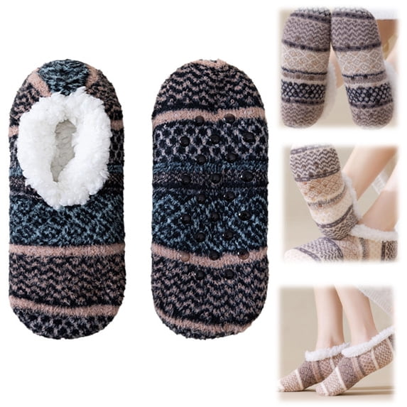 Womens Fuzzy Socks for Women Fluffy Slipper Socks with Grips Warm Cozy Winter House Socks Non Slip Gripper Ankle Socks (Black)