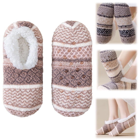 Womens Fuzzy Socks for Women Fluffy Slipper Socks with Grips Warm Cozy Winter House Socks Non Slip Gripper Ankle Socks (Brown)