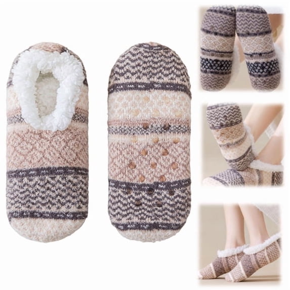 Womens Fuzzy Socks for Women Fluffy Slipper Socks with Grips Warm Cozy Winter House Socks Non Slip Gripper Ankle Socks (Khaki)