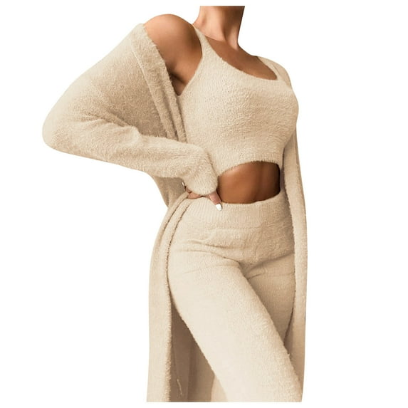 Womens Fuzzy Sweater Sweatsuit 3 Piece Open Front Cardigan Crop Tank Tops and Pants Lounge Sets Fluffy Track Suit