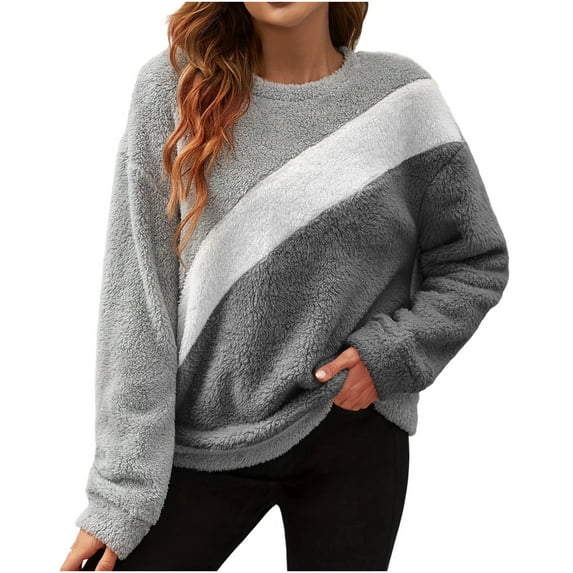 Womens Sweaters Loose Colorblock Crewneck Pullover Long Sleeve Casual Faux Shearling Plush Warm Winter Tops (L, Dark Gray)