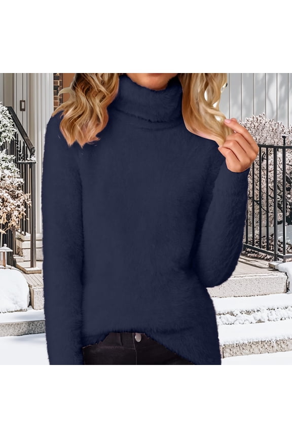 Womens Fuzzy Sweaters Turtleneck Long Sleeve Pullover Casual Knitted Warm Soft Cozy Tops Fall Winter Clothes Dark Blue S