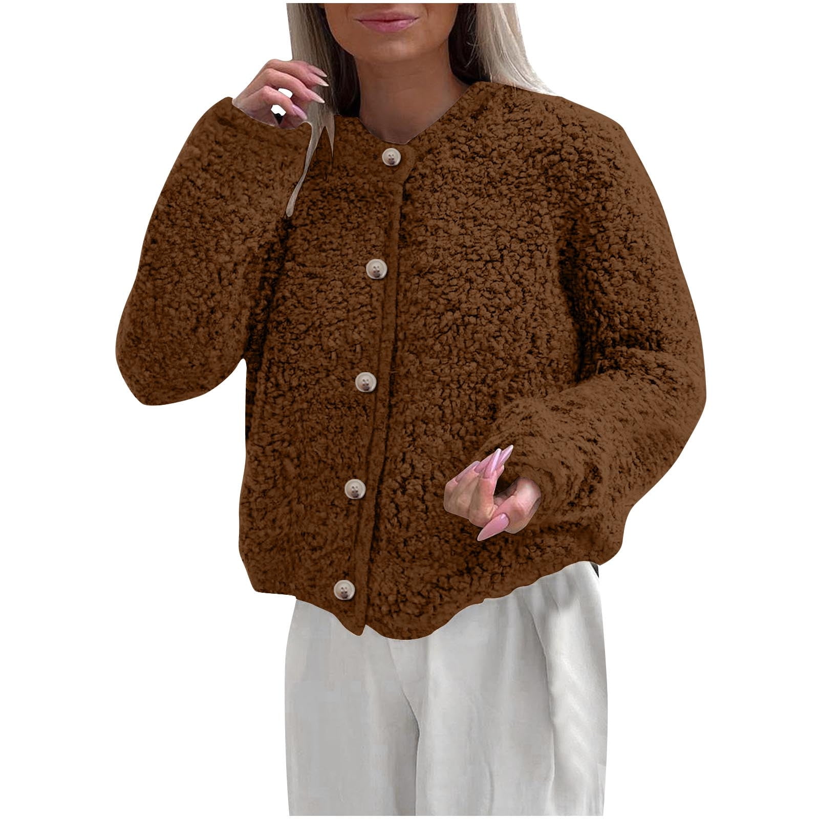 Teddy Fleece Jacket Cozy High Collar Zip-up Coat Fuzzy Winter Outwear with Pockets