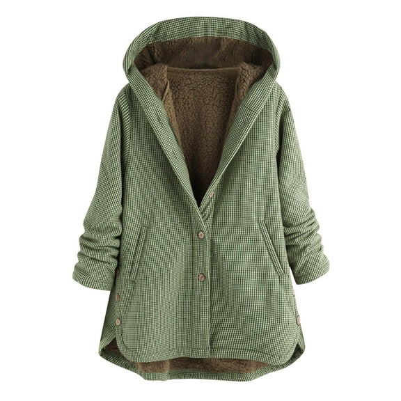 Womens Fuzzy Velvet Hooded Plaid Outwear Coats Long Sleeve Casual Soft Cozy Button Down Sweater Coats With Pockets