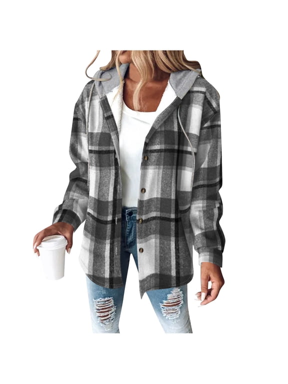 Womens Fuzzy Winter Coat Faux Shearling Fleece Lined Hooded Plaid Jacket Warm Thick Flannel Button Up Outerwear (M, Gray A)