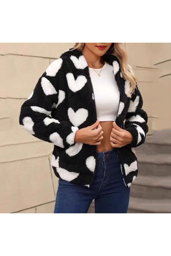 Womens Fuzzy Zip Up Hoodies Cute Heart Printed Jackets Fleece Faux Fur Hooded Jacket Fall Winter Outerwear Coat