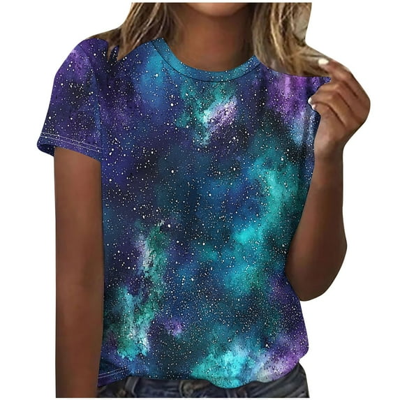 Womens Galaxy Graphic T-shirt Fashion Summer Tops Dressy Casual Crewneck Short Sleeve Shirts Going Out Workout Outfit Spring Sky Print Tshirts Trendy Basic Tees Clothes 2025
