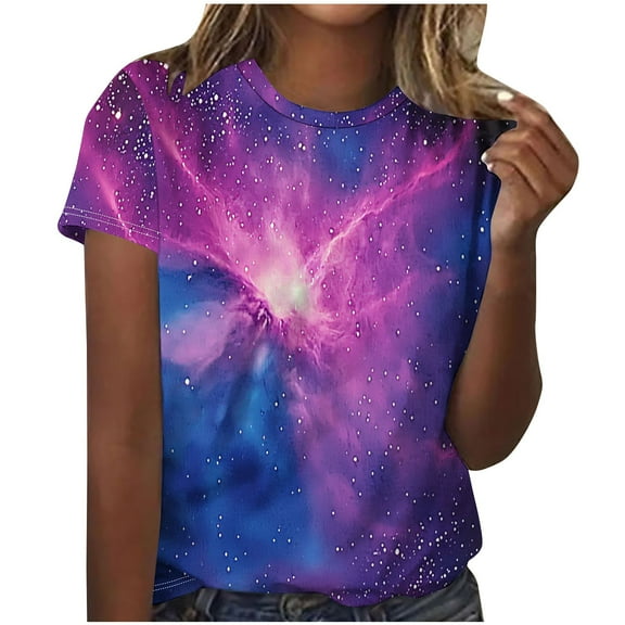 Womens Galaxy Graphic T-shirt Fashion Summer Tops Dressy Casual Crewneck Short Sleeve Shirts Going Out Workout Outfit Spring Sky Print Tshirts Trendy Basic Tees Clothes 2025