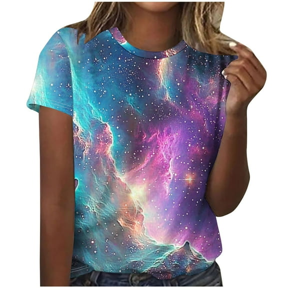 Womens Galaxy Graphic T-shirt Fashion Summer Tops Dressy Casual Crewneck Short Sleeve Shirts Going Out Workout Outfit Spring Sky Print Tshirts Trendy Basic Tees Clothes 2025