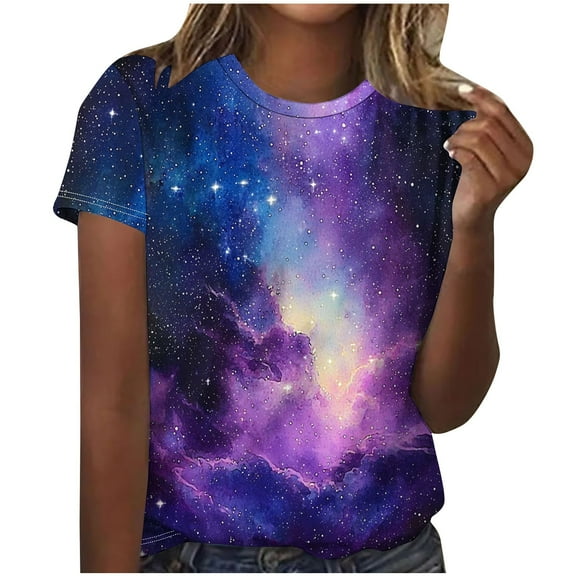Womens Galaxy Graphic T-shirt Fashion Summer Tops Dressy Casual Crewneck Short Sleeve Shirts Going Out Workout Outfit Spring Sky Print Tshirts Trendy Basic Tees Clothes 2025