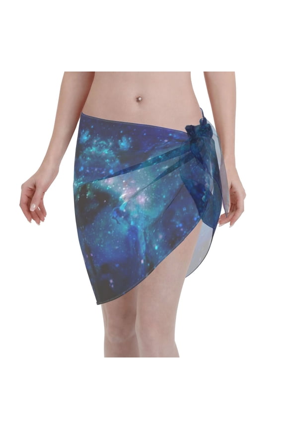 Womens Galaxy Nebula Space Coverups Beach Short Sarong Sheer Chiffon Cover Up Bikini Wraps