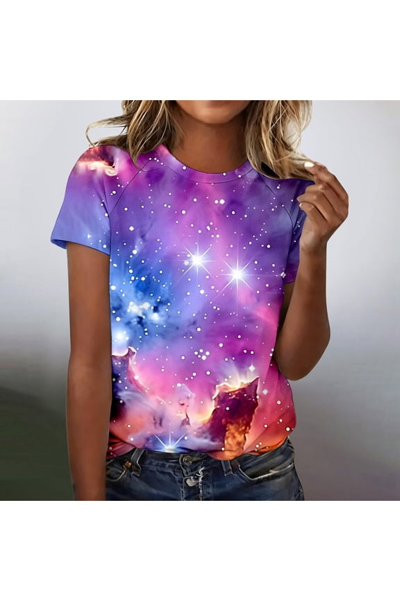 Womens Galaxy Print T-Shirt Short Sleeve Casual Graphic Tee Space Nebula Design Relaxed Fit Soft Stretch Polyester Spandex Top,Size 2XL
