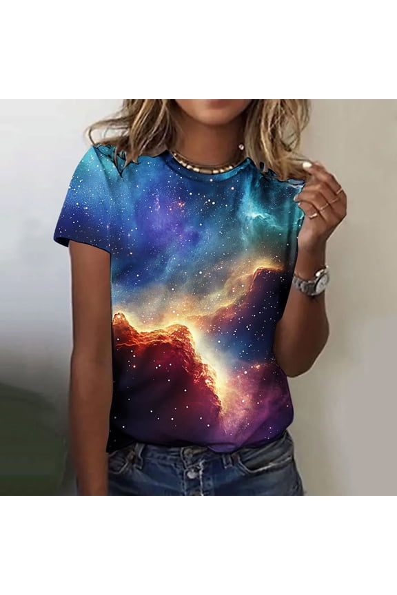 Womens Galaxy Print T-Shirt Short Sleeve Crew Neck Slim Fit All Over Space Nebula Pattern Graphic Tee for Women Plus Size,Size S