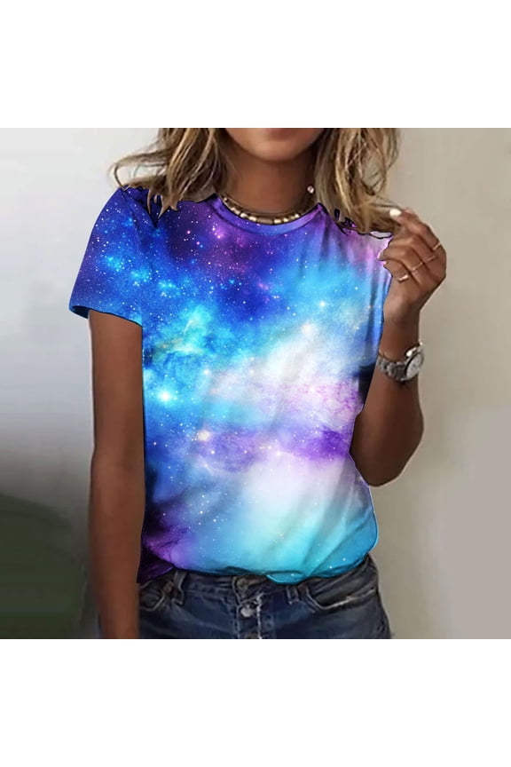 Womens Galaxy Print T-Shirt Short Sleeve Graphic Tee All Over Space Pattern Stretchy Casual Top,Size 3XL
