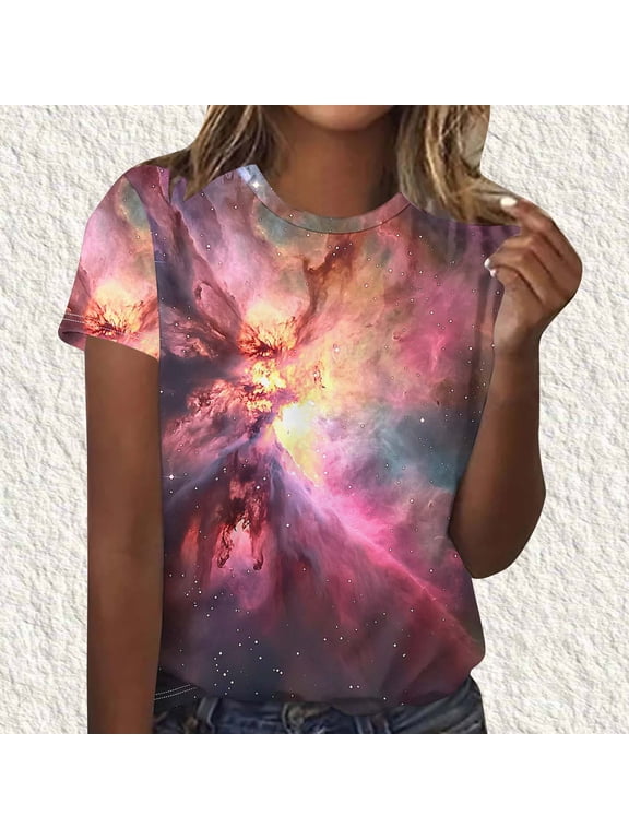 Womens Galaxy Print T-Shirt Short Sleeve Space Graphic Tee Red Casual Top Soft Stretchy,Size XL