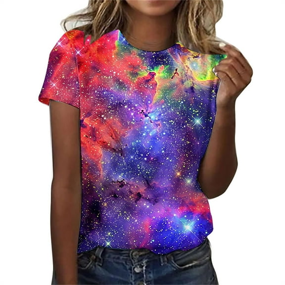 Womens Galaxy Space Print T-Shirts Short Sleeve Crewneck Graphic Tees Casual Summer Fashion Tops 2025